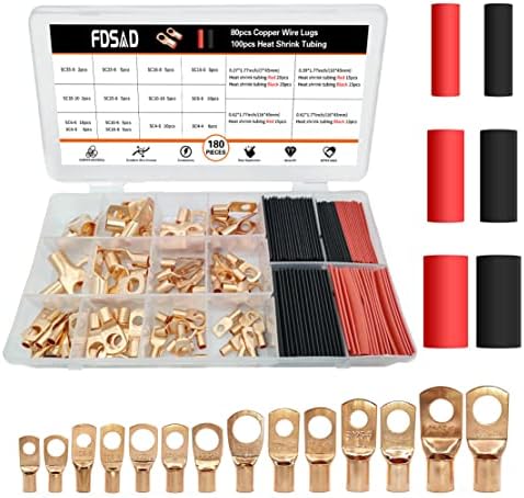 180pcs Copper Wire Lugs AWG 2 4 6 8 10 12 with Heat Shrink Set, 80pcs Battery Cable Lugs, Battery Cable Ends SC Ring Terminals Wire Connectors, with 100Pcs Heat Shrink Tubing Wire terminals Kit.