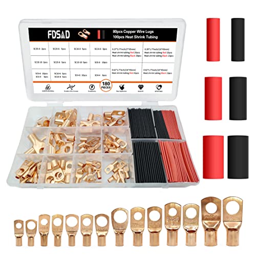 180Pcs Copper Wire Lugs Awg 2 4 6 8 10 12 With Heat Shrink Set, 80Pcs Battery Cable Lugs, Battery Cable Ends Sc Ring Terminals Wire Connectors, With 100Pcs Heat Shrink Tubing Wire Terminals Kit. #TOP16