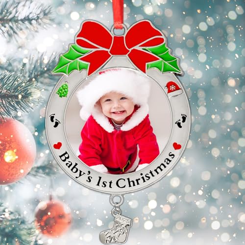 2025 Baby's First Christmas Photo Ornament My 1st Christmas Metal Photo Frame Xmas Hanging Ornament Baby's 1st Keepsake Metal Picture Ornaments for Newborn Baby Holiday Gifts Christmas Tree Decoration