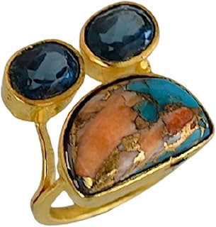 Veracity Jewelry Oyster Copper Turquoise Iolite Rings For Women - December Birthstone Spiny Mojave Kingman Turquoise 18K Gold Plated Rings For Women - Multi Color Oyster Turquoise Statement Jewelry Rings - Multi Color Gold Filled Fashion Chunky Rings - VR-329