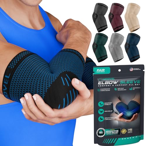 Modvel [2 Pack Elbow Brace – Compression Support Sleeve for Joint Pain Relief, Recovery, Tendonitis, Tennis & Golfer’s Elbow – Workout & Weightlifting Arm Wrap – For Men & Women. (Black)