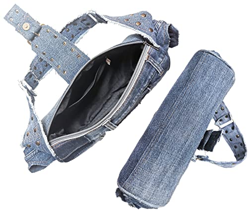 Bijoux De Ja Upcycling Blue Denim Jeans Punk Brass Rivet Studded Buckle Belt Decorative Barrel Shoulder Handle Handbag Purse #TOP4