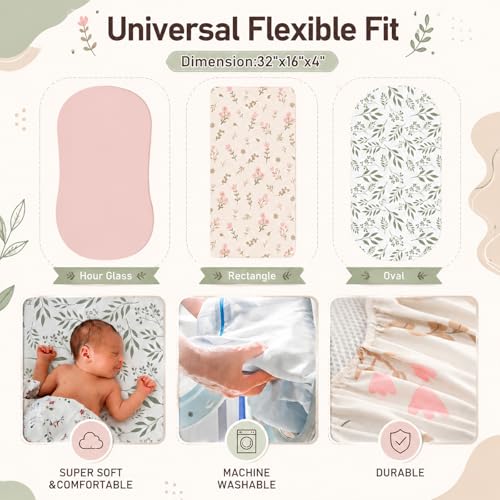 Image of CroBlissful 4 Pack Boho Floral Bassinet Sheets 32 x 16 x 4 Inches Hunting Stretchy Neutral Fitted Sheets Boho Floral Baby Bedding for Standard Bassinet Mattress Gift Set