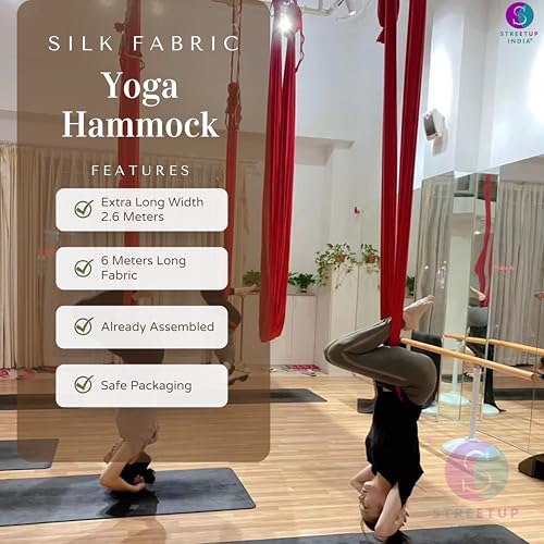Image of Streetup India Silk Fabric Pro Aerial Swing /Yoga Hammock | 6 x 2.6 Mtrs Long Fabric | with Complete Kit