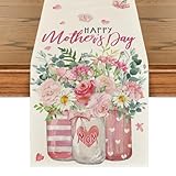 Artoid Mode Daisy Pink Roses Hearts Bottles Mother's Day Table Runner, Spring Floral Kitchen Dining Table Decoration for Home Party Decor 13x72 Inch