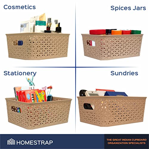 Image of Homestrap Set Of 3 Plastic Storage Organizers /Baskets With Lid For Kitchen, Clothes, Multipurpose Vegetables, Toys, Books, Office, Stationery, Wardrobe(Small, Medium, Large | Biscuit)