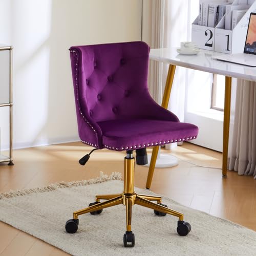 VINGLI Dark Purple Armless Home Office Desk Chair with Gold Base/Wheels, Small Cute Vanity/Makeup Chair with Back for Bedroom, Upholstered Adjustable Rolling Swivel Nail Chair for Women/Girls