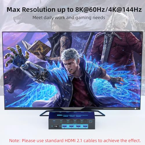 Image of 8K HDMI 2.1 KVM Switch 4 Computers 1 Monitor 4 Port 4 in 1 Out for 4 PCs