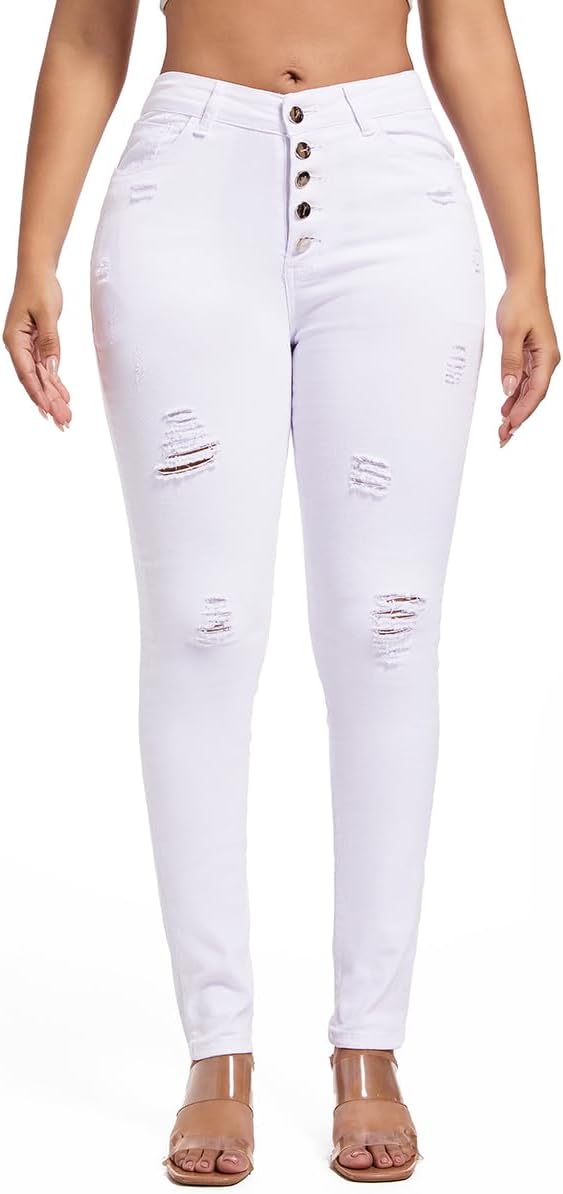 FISCLOSIN Womens High Waist Stretch Jeans 5 Button Push Up Butt Lifting Skinny Colombian Jeans