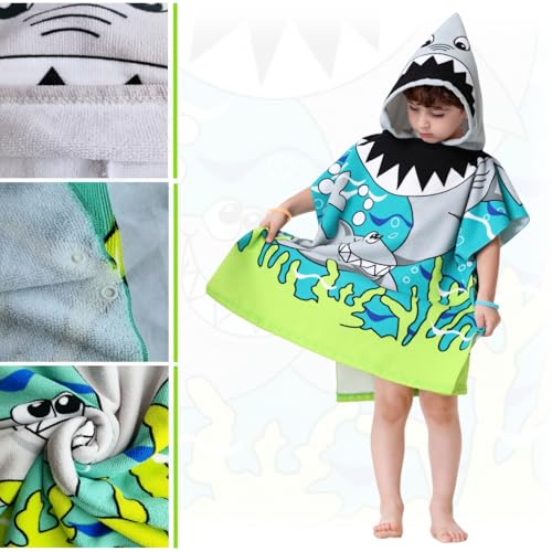 Image of Wearable Hooded Towel for Kids Toddlers Bath Pool Beach Boy Girl Swim Poncho Cover-ups, Shark Theme with Bag
