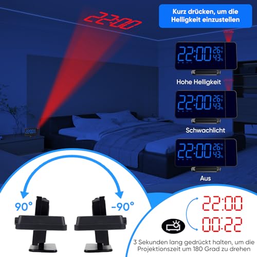 TAKRINK Projektionswecker Radiowecker mit 4 Stufen Bildschirmhelligkeit Digitalwecker mit 12 / 24H Projektionsanzeige 15 Lautstärkestufen 180° Projektor für Erwachsene, Kinder