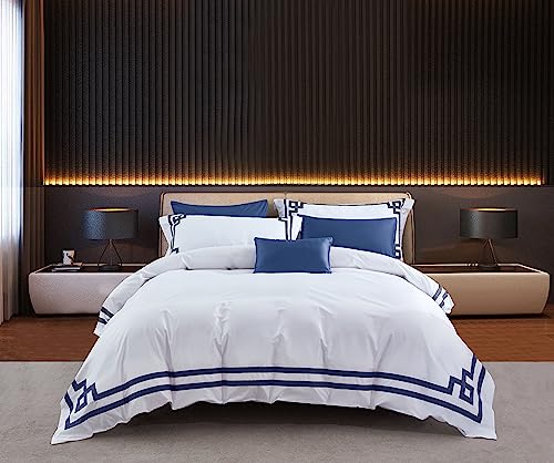 Casa Bolaj Designed To Dream 3 Pcs Do Not Include Filling Duvet Cover Set 100% Egyptian Cotton Sateen Luxury 400 Tc (White Navy, King) #TOP1