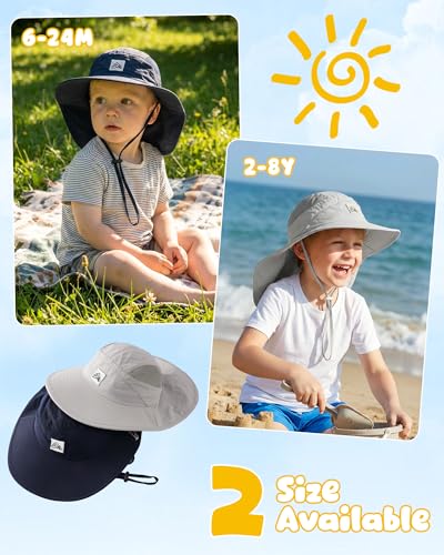 Toddler Baby Sun Hat UPF 50+ Kids Summer Outdoor Sun Hats for Boys Girls Beach Fishing Hat Age 0-8 Years (US, Age, 0 Months, 6 Months, Light Gray+Navy Blue) - image 6