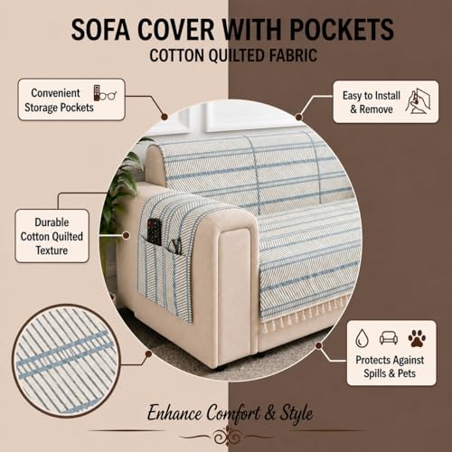 Image of STITCHNEST 'Frostvine Collection' 2 Seater Sofa Cover | Full Coverage with Armrest Pockets | Cotton Quilted Fabric, Decorative Tassels, Washable & Durable for Modern Living