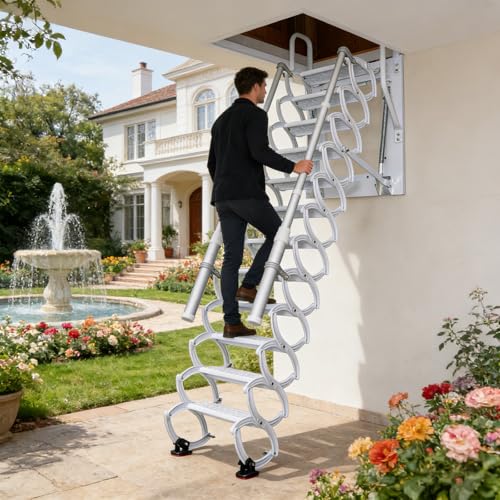 Escalera telescópica para ático montada en la Pared, Escaleras para ático desplegables con reposabrazos, Escaleras de ático de Pared abatibles, Exteriores (Blanco, A)