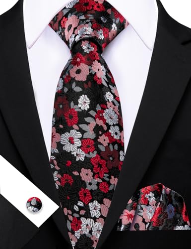 Image of Barry.Wang Flower Ties for Men Handkerchief Cufflinks Set Wedding Necktie Set Party