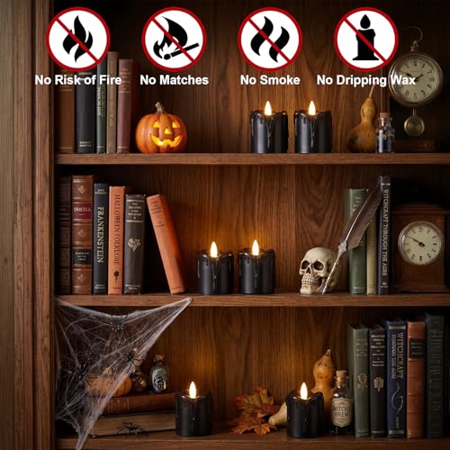 Image of Black Flameless Votive Candles Battery Operated with Remote Timer | 400 Hours Long Lasting Battery Included, LED Tealights Flickering Dripping Wax, Halloween Indoor Decor, 2 inchD x 2.5 inchH, 6 Pack