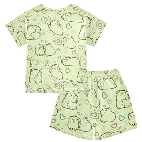 Cute Capybara with Hearts Green Summer Cute Pajama Sets, Short Sets for Daily Wears and Sleep Wears2