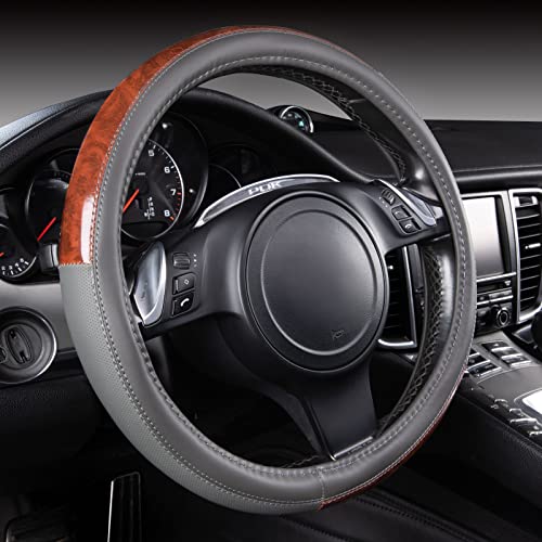 Car Pass Wood Grain Microfiber Leather Steering Wheel Cover, Universal Fit For 14 1/2-15 Inch Gray Steering Wheel, Anti-Skip Veins Design,Trucks, Suvs,Vans, Sedans (Gray) #TOP9
