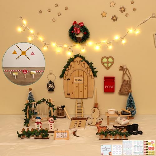 FFZZKJ Wichteltür Set 99 Stück Wichtel Zubehör Weihnachten, mit 25 Wichtelbriefe, Wichtel Baustelle, Wichtel Schablone, Fußabdrücke, Tischkalender, Schaukelt, Backset,mit Licht für