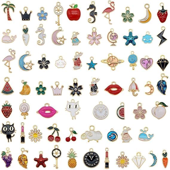 VRB Dec 50 Pcs Mix Assorted Gold,Silver,Colorful Plated Enamel Pendants Animal Moon Star Fruit Charm Pendant DIY for Necklace Bracelet Jewelry Making and Crafting (Multicolor Charms Set)-image-33