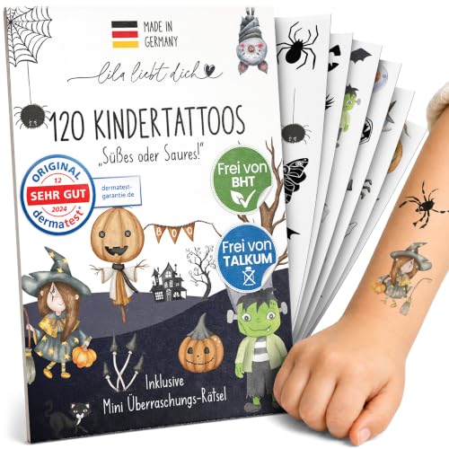 Tattoos für Kinder Halloween, 120 Stk., hautfreundlich (6 Bögen) – Ansicht 1