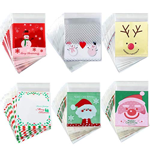 Mengger 600Pcs Bolsa Celofán Autoadhesiva Bolsa de Dulces de Navidad Regalo pequeña cierre adhesivo peladillas Transparentes Plastico Pasteles Chocolate Dulces 10 * 10cm Cover