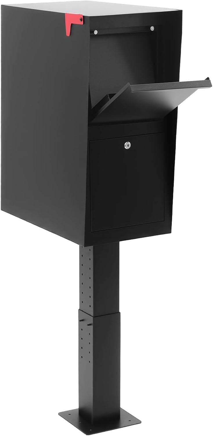 Large Mailbox Cold Rolled Steel Post Mailbox with Anti-Theft Lock, Key, Mounting Base and Mounting Post, Black, 9.6" H x 10" W x 19.6" D, Weatherproof Mailboxes for Outside The House