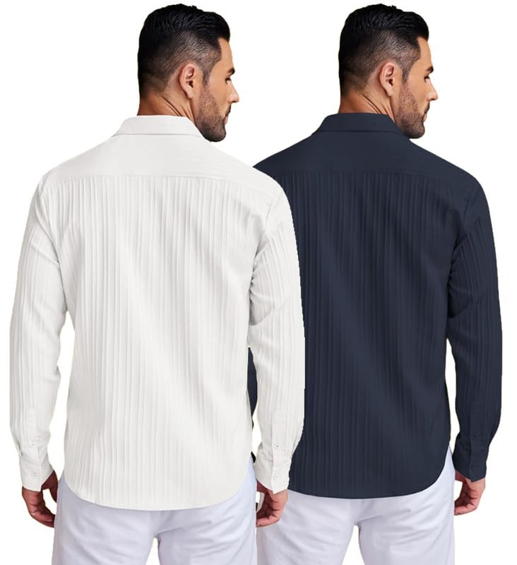 Image of DEELMO Combo of Men's Casual Button Down Shirts Long Sleeve Linen Shirt Fashion Textured Summer Shirts Pack of 2