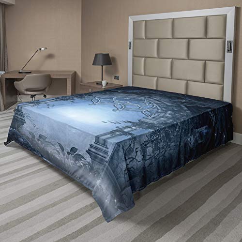 Ambesonne Fantasy Flat Sheet, Passage Doorway Through Enchanted Foggy Palace Garden at Night View, Soft Comfortable Top Sheet Decorative Bedding 1 Piece, Queen Size, Navy Blue and Grey