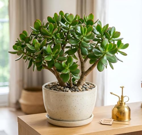 Image of Live Jade Plant with Pot | Good Luck Feng Shui Money Succulent Plant | Low Maintenance Indoor Outdoor Air Purifying Plant for Home Living Room Office Desk Decor | Pack of 1