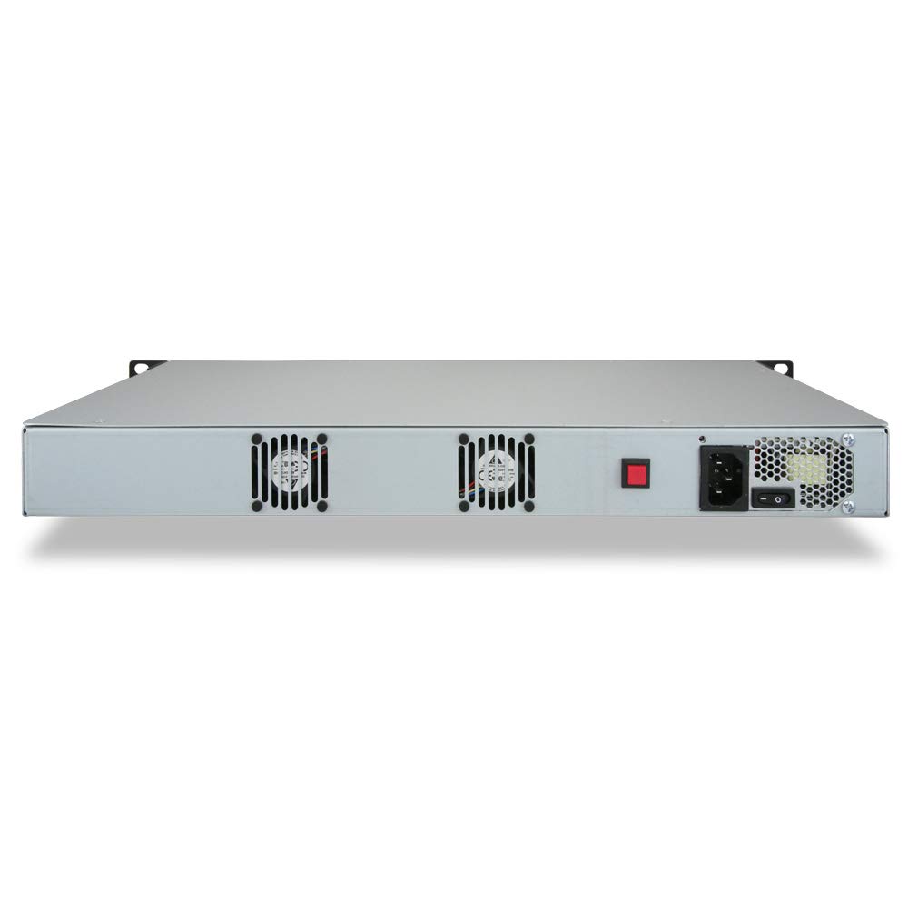 Арткы view of the Netgate XG-7100 1U security gateway, showing power input and cooling fans.