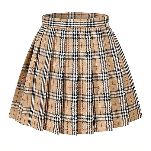 Women's Girls Khaki Plaid Pleated Skirt High Waisted Japanese School Uniform A-line Pleated JK Skirt Skater Tennis
