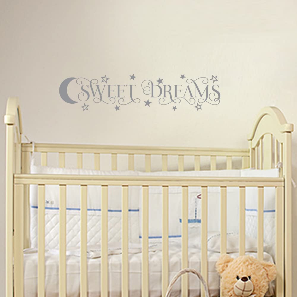 SWEET DREAMS swirly quote, design with SWIRLS, moon and stars, wall art sticker decal words, GREY, 56x13 cm