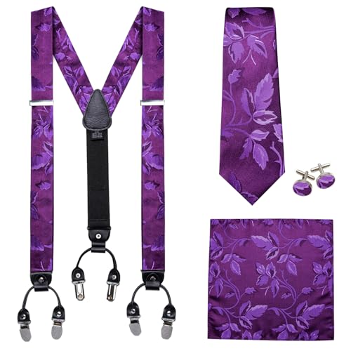 Image of Barry.Wang Men Suspender Set with Necktie Elastic Y Type Heavy Duty 6 Clips Braces Tie Handkerchief Cufflink Pin 6PCS