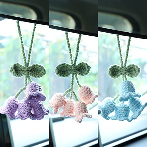 Image of Mirror Hanging Car Accessories Cute Little Lily of the Valley, Hand Knitted Crochet Flower Decor for Mirror, Rear View Mirrors,Key Chains (Pink)