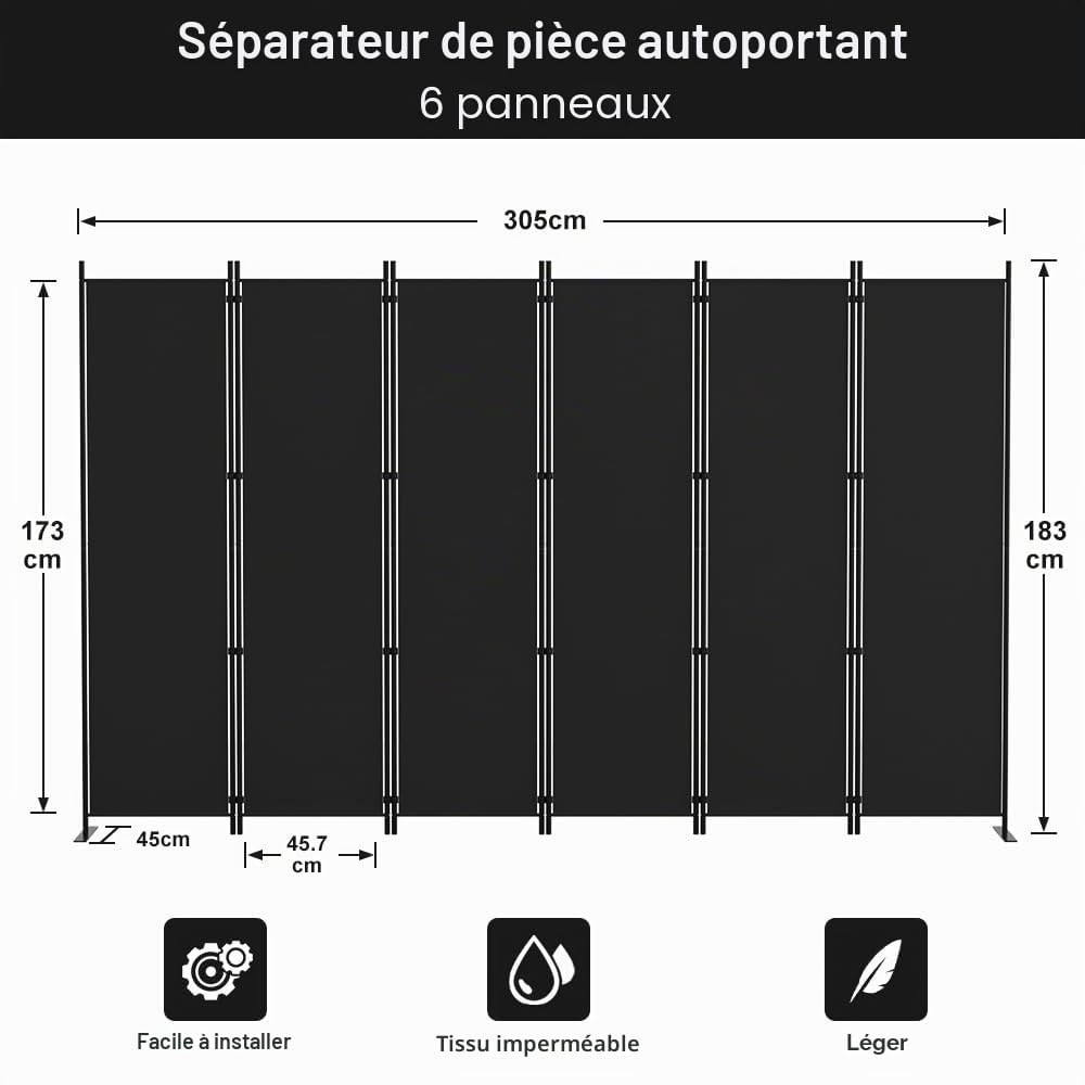 Kokorona Lot de 6 panneaux de séparation de pièce, 1,8 m de haut, pliable, pare-vue, portable, séparateur de pièce, noir, l 305 x H 183 cm