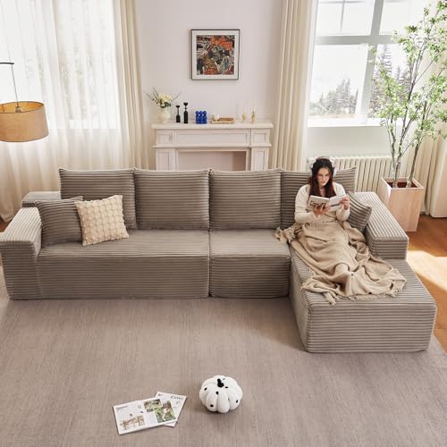 Image of 135 inch Cloud Sectional Couch with L-Shape Chaise, Modern Modular Comfy Sofa Chaise Longue, Upholstered Corduroy Couches Sleeper with Deep Seat for Living Room Bedroom, No Assembly Required, Camel