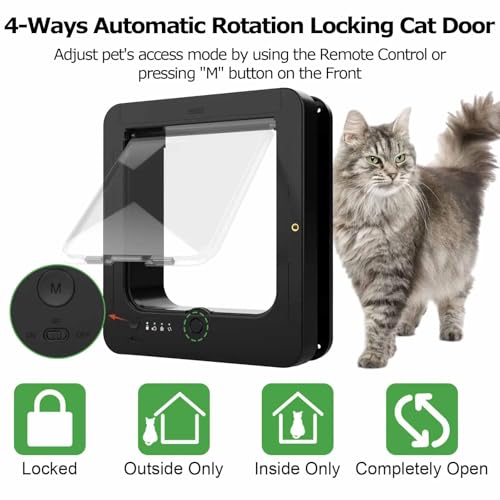 Chatière électronique avec reconnaissance par puce - Verrouillage à 4 voies - Télécommande - Joint résistant aux intempéries - Installation facile - Pour chats jusqu'à 11,3 kg