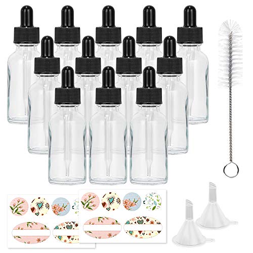 12 Pack 30 ml 1 oz Clear Glass Bottles with Glass Droppers and Black cap.Glass Dropper Bottles for Essential Oils,Lab Chemicals,Colognes,Perfumes.Included 1 Brush,2 Funnels and 24 Labels.