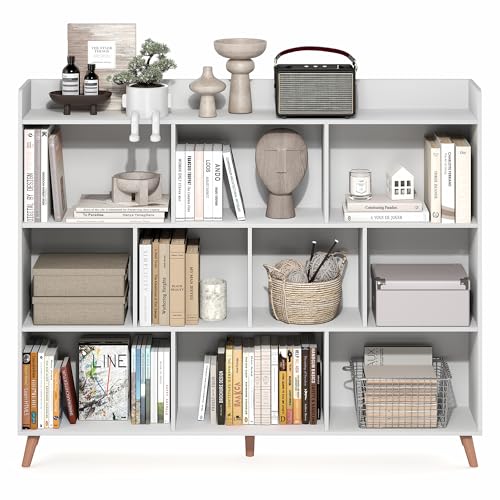 Image of Furinno Claude Book Shelf, 10-Cube Mid Century Style Bookshelf, Bookcase, Storage Organizer with Wood Legs, 9.4 inch x 55.1 inch x 45.1 inch, for Living Room, Bedroom, Home Office, White