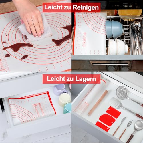 Nifogo Silikonmatte Backmatte Silikon Backunterlage Groß 70 x 50 cm, Teigmatte Wiederverwendbar Antihaft Rutschfest mit Messung Teigschaber