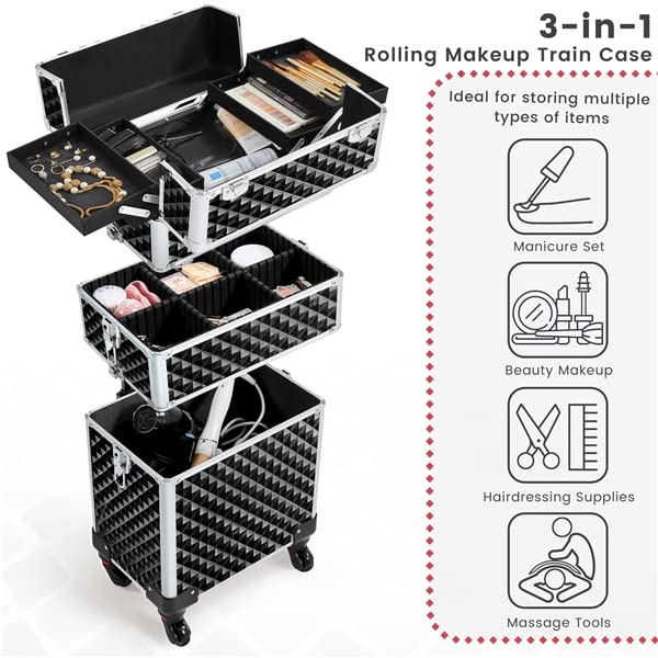 Yaheetech 3 in 1 Valigia Valigetta Trucchi Trolley Make Up Professionale Cosmetici Portatile in MDF e Lega di Alluminio per Parrucchieri Nero 35 x 23,5 x 67,5 cm