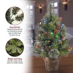 National Tree Company Pre-Lit Artificial Mini Christmas Tree, Green, Crestwood Spruce, Multicolor Lights, Decorated with Pine Cones, Berry Clusters, Frosted Branches, Includes Pot Base, 2 Feet National Tree Company Pre Lit Artificial Mini Christmas Tree Green Crestwood Spruce Multicolor Lights Decorated with Pine Cones Berry Clusters Frosted Branches Includes Pot Base 2 Feet