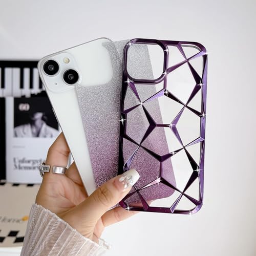 Image of VONZEE Gradient Glitter Case For iPhone 14 6.1'', Luxury Electroplated 3D Cube, Diamond Bling Shiny Soft TPU Clear Shockproof Case Women Girls Protective Phone Cover (Deep Purple)