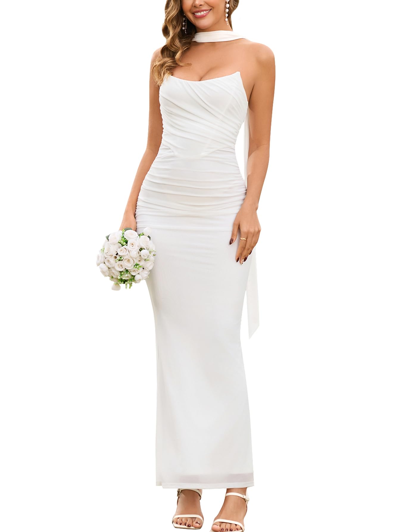 EYNMIN Women's Corset Tube Long Formal Wedding Guest Dresses with Scarf Medium White