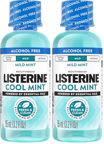 Image of Listerine Alcohol Free Mouthwash, Less Intense Alcohol-Free Oral Care Formula for Bad Breath, Cool Mint Flavor, 3.2 fl. oz (Pack of 2)