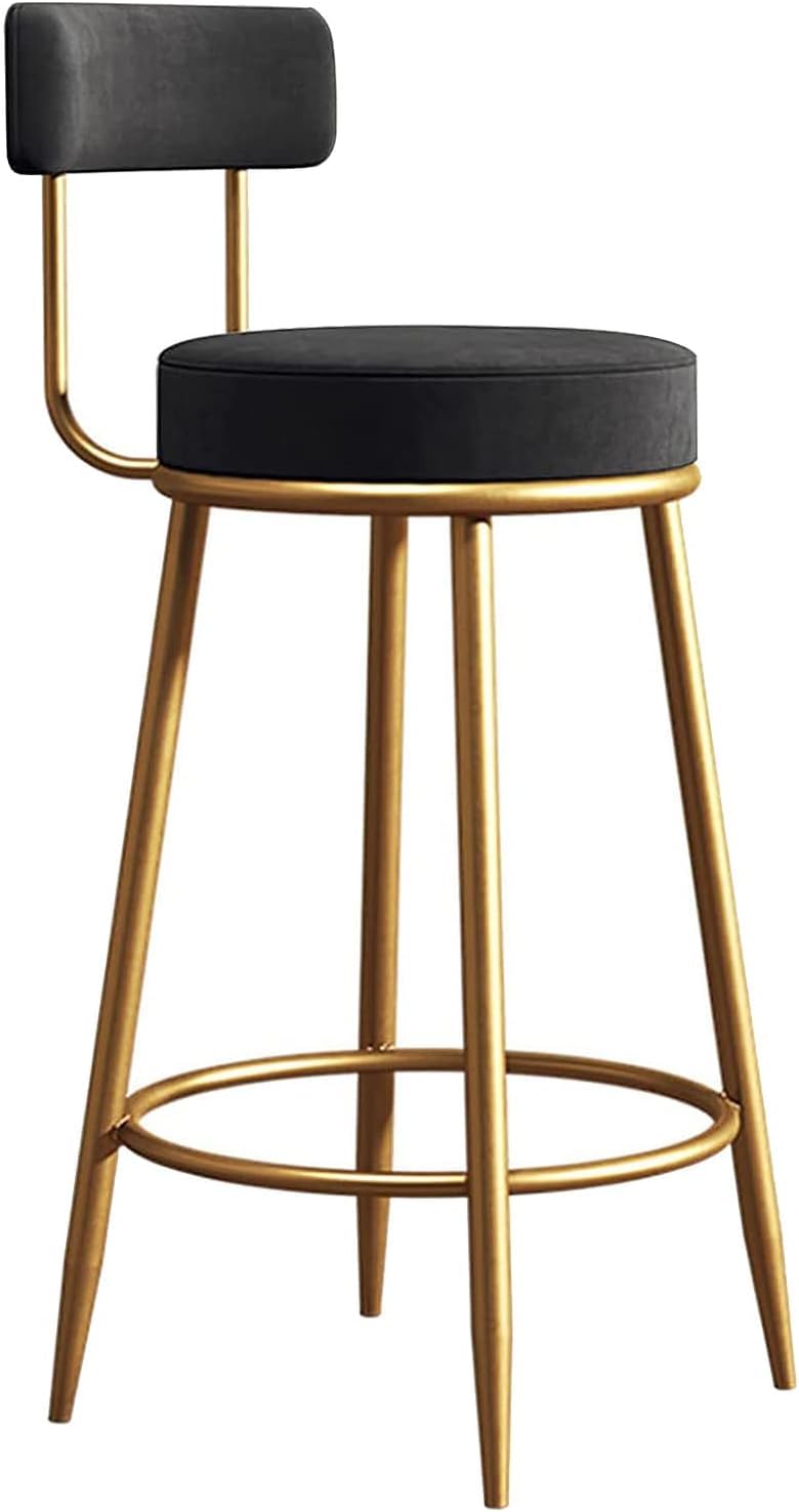 Velvet Counter Stools: Upholstered Barstools With Back, Footrest, And Round Height - Modern Bar Chairs, Ideal Dining Chairs For Kitchen Islands (65 Cm, Black)
