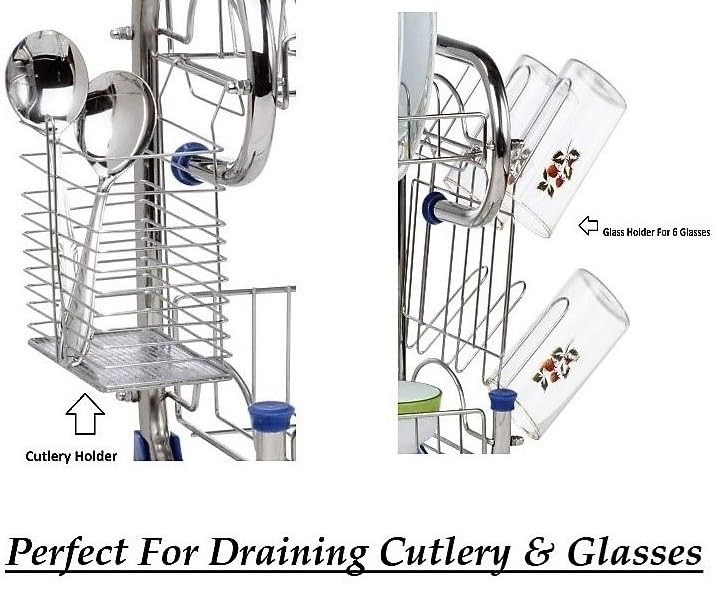 Image of AMOL Premium Stainless Steel 3-Tier Kitchen Rack - Wall /Countertop Dish Drainer with Utensil & Glass Holders, 3 Draining Trays - Rustproof Organizer