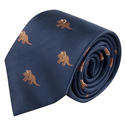King & Priory Triceratops Dinosaur Navy Blue Herringbone Embroidered Tie